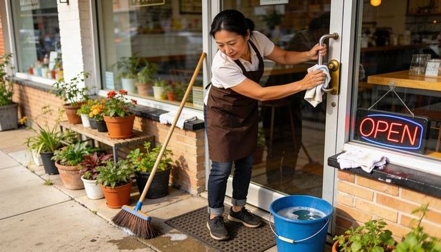 Woman cleaning glass door and sweeping sidewalk outside boutique cafe with open sign