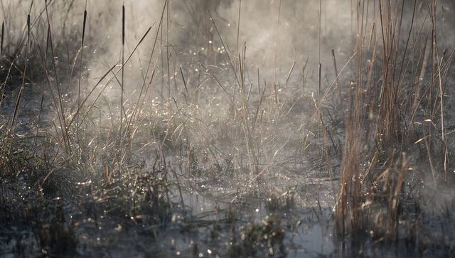 Glowing marsh grasses catching low sunlight with mist and dew