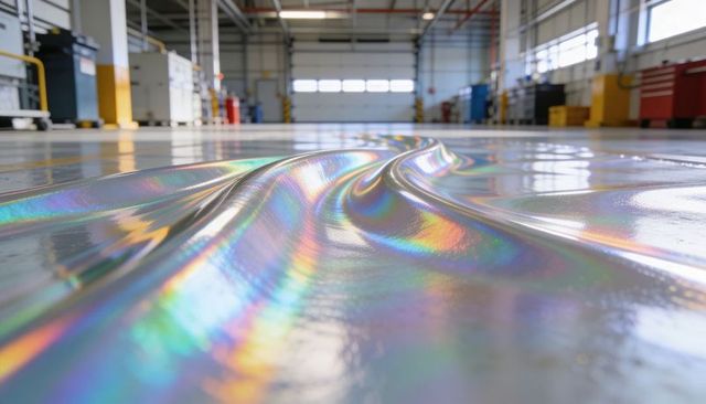 Iridescent holographic film rippling across polished workshop floor with prism reflections