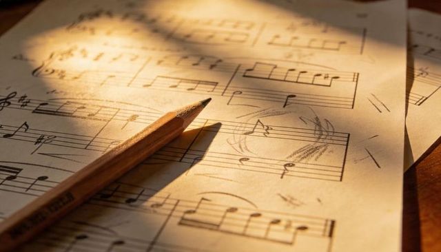 Sharpened pencil resting on vintage sheet music with warm sunlight and smudged notes