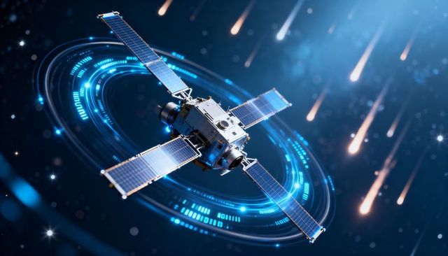 Orbiting satellite transmitting telemetry through glowing digital ring with solar arrays