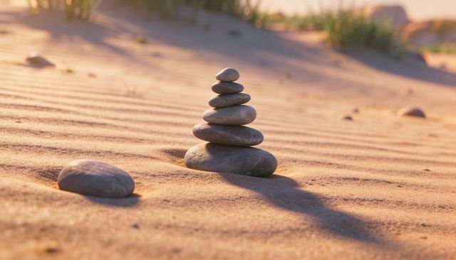 Zen stone stack on rippled coastal sand at golden hour evoking balance, calm, meditation