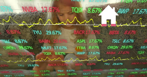 Child Engaged with Technology amid Financial Data Overlay