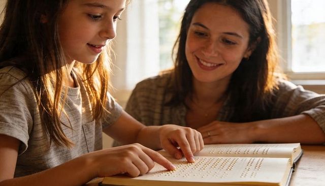 Young girl reading Braille while smiling mentor guides tactile literacy in sunlit home