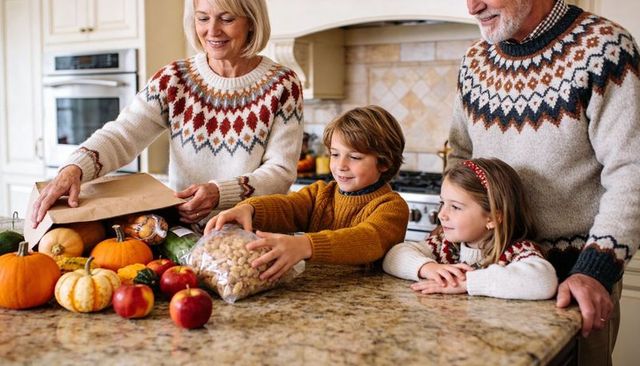 Seniors unpacking autumn produce while grandchildren sorting pumpkins and apples on kitchen counter