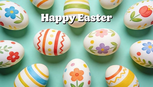 Hand-painted easter eggs displaying floral, stripe and dot patterns with happy easter