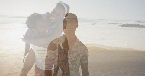 Double exposure seaside lifestyle featuring man in floral shirt walking and smiling couple
