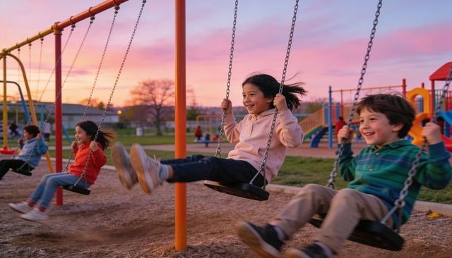 Children swinging and laughing at sunset on colorful playground with slides and climbing structures