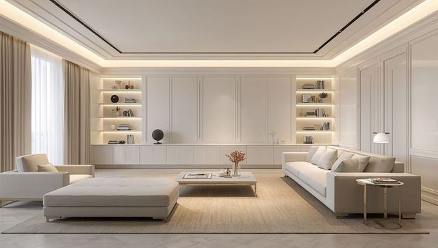 Sunlit minimalist living room featuring central ottoman, low coffee table and long sofa