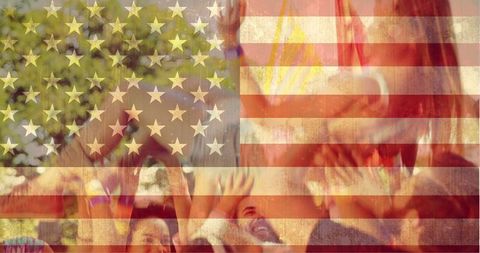 Girl Crowd Surfing at Festival with American Flag Overlay