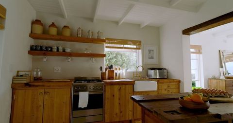 Cozy rustic kitchen with farmhouse sink and wood accents