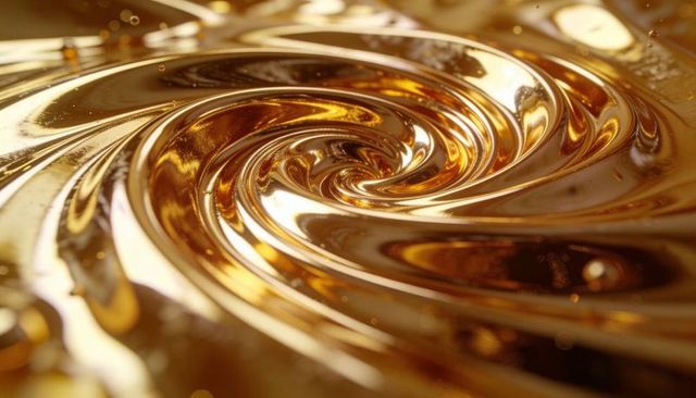 Glossy liquid gold swirl macro background with reflective spiral and bokeh highlights