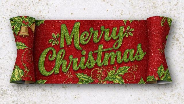 Merry christmas red scroll banner with green script, holly berries, gold bell and glitter