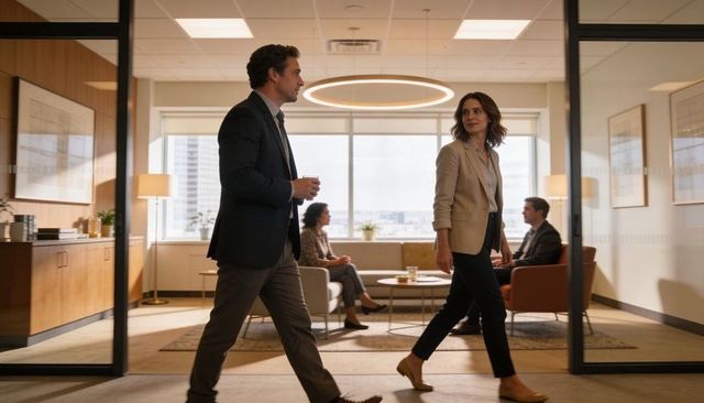 Two professionals walking through office lounge with colleagues meeting in background