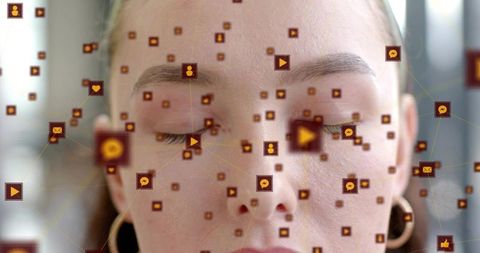 Serene woman resting with closed eyes overlaid by floating social media icons and network