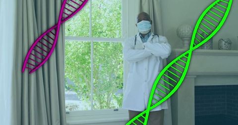 Doctor In Office With DNA Graphics Symbolizing Scientific Research