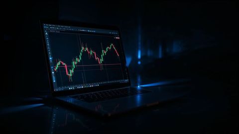 Laptop displaying financial online trading candlestick chart in dark setting with blue glow