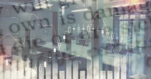 Translucent candlestick charts displaying pink teal trend lines over blurred modern office