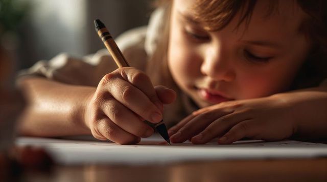 Young girl drawing with yellow crayon, concentrating on creative art in warm light