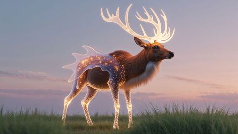 Depicts magical deer standing in dusk meadow with ethereal glowing antlers. Perfect for mystical or fantasy projects, and for use in nature-inspired creative pieces. Complements content needing enigmatic and dream-like visuals or exploring mythical themes.