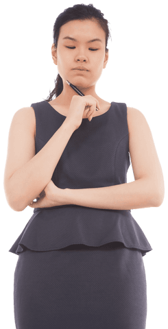 Focused Asian Businesswoman Pondering Idea, Transparent Background