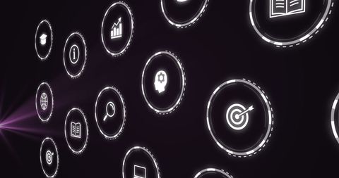Floating Business Icons on Dark Digital Interface Background - Download Free Stock Images Pikwizard.com