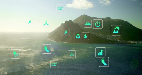 Network of Eco Icons Over Seascape with Mountain Range