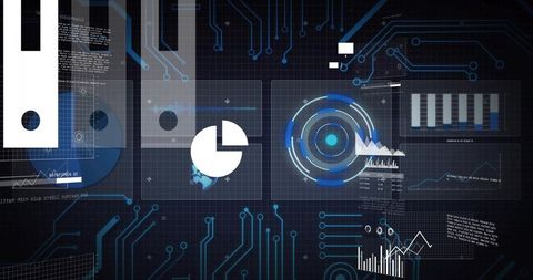 Displaying Futuristic Analytics Dashboard with Interactive Pie, Radar HUD, Bar and Line Graphs