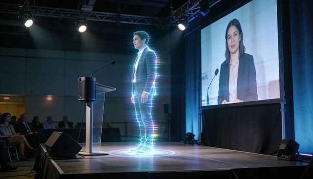 Holographic business presenter projecting virtual speaker during conference keynote