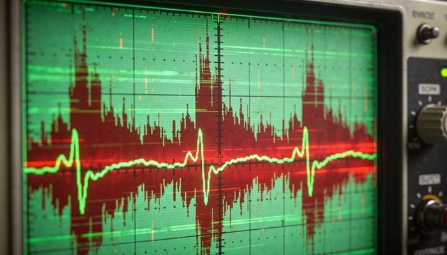 Retro oscilloscope showing neon green waveform over red spectrum on crt display