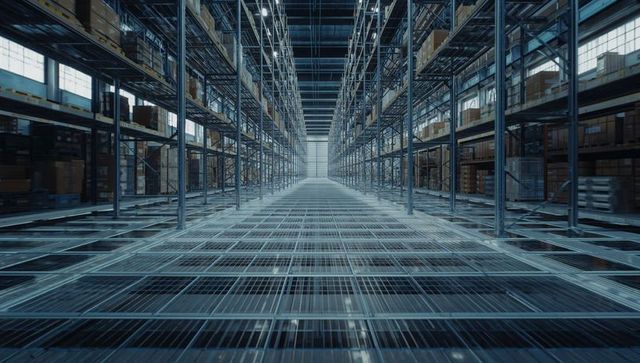 Smart Warehouse Aisle with Pallet Racks and Digital Grid Overlay