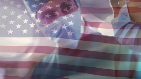 Successful American Healthcare Scene with Surgeon Team and Flag Overlay