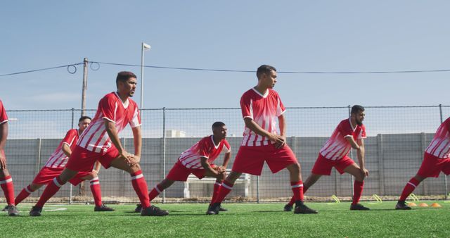 Athletes of a soccer team are performing stretching exercises on a sunny day as part of their warm-up routine on the field. This image is suitable for use in articles related to sports training, team fitness programs, soccer drills, physical conditioning, youth sports, and health and wellness topics. It can also be used to illustrate teamwork and preparation in sport-related materials.