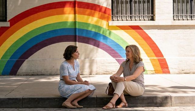 Two women sitting and talking by rainbow mural on urban sidewalk sharing warm conversation