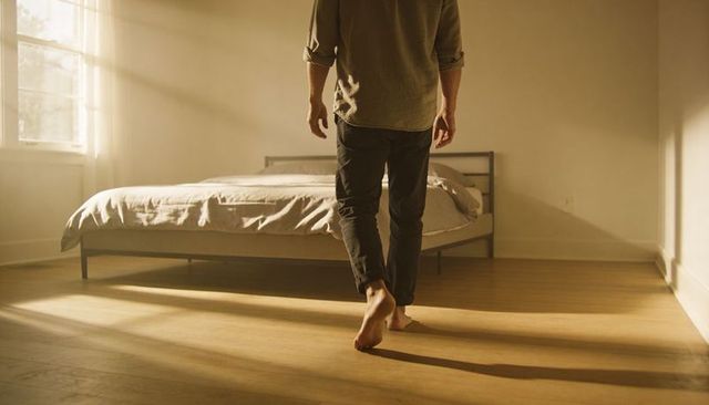 Walking barefoot man heading to bed in sunlit minimalist bedroom with warm hardwood shadows