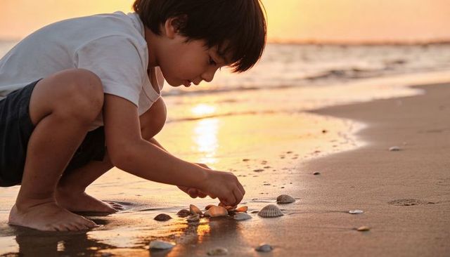 Boy collecting seashells on sunset beach during golden hour, barefoot child exploring shore