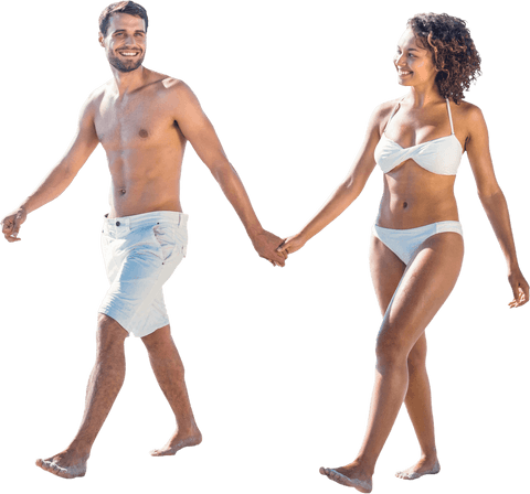 Happy Diverse Couple in Beachwear Holding Hands on Transparent Background