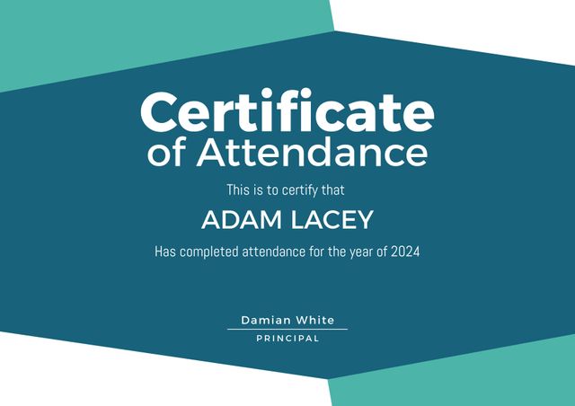 Versatile and modern certificate of attendance template designed with a blue and white aesthetic. Ideal for schools, universities, educational institutions, and corporate training programs. Easily customizable to fit various attendance and achievement records, complete with space for recipient name and principal signature.