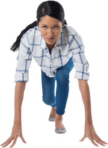 Determined woman preparing for race on transparent background