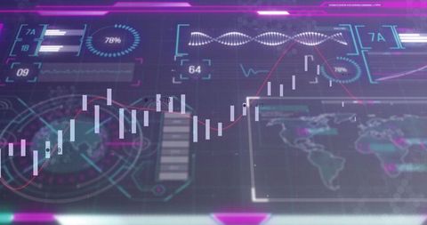 Futuristic holographic candlestick chart and data visualizations