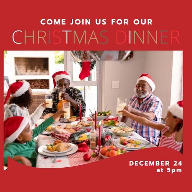 This heartwarming image features an African American family gathered around a table for Christmas dinner. Everyone is wearing Santa hats, creating a festive and joyful atmosphere. The table is laden with delicious food, and family members are toasting each other, celebrating and enjoying the holiday spirit. This image can be used for holiday greeting cards, advertisements for festive meals, or websites promoting family gatherings during the Christmas season.