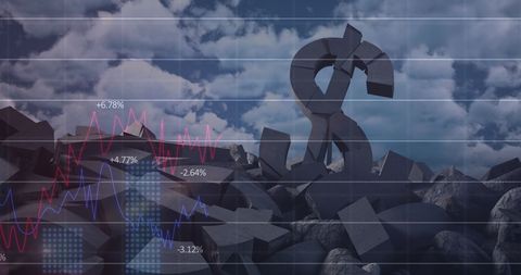 Crumbled dollar sign with financial graph under cloudy sky