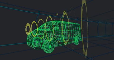 Futuristic Wireframe Cargo Van Scanning Inside a High-Tech Tunnel