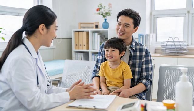 Smiling child sitting on father's lap during pediatric consultation with caring doctor