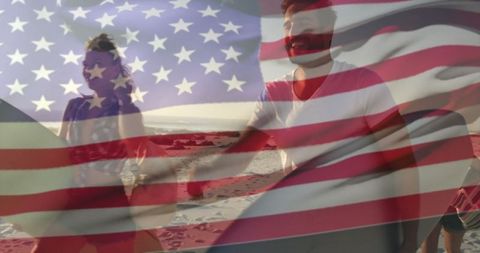 Friends Enjoying Surfing Adventure on American Beach with Flag Overlay