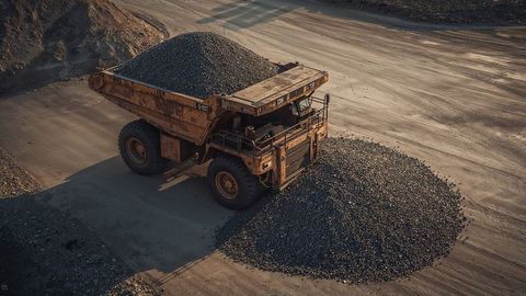 Heavy mining dumper truck transporting gravel in quarry pit