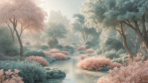 Dreamy pastel forest with meandering stream at dawn, garden of eden concept