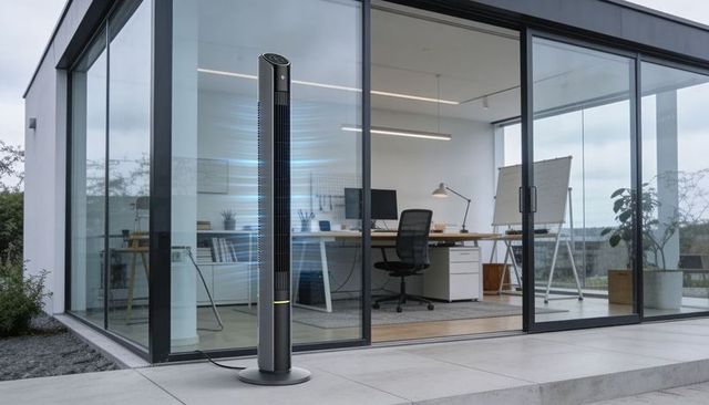 Slim black tower fan cooling minimalist glass office on concrete patio