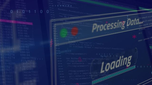 A visual representation combining digital coding sequences with overlay text indicating data processing and loading processes. Ideal for illustrating concepts related to technology, computing, and information processing in business presentations, tech conferences, or educational materials about programming and digital systems.