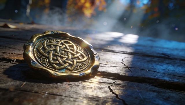 Celtic medallion catching sunbeams on weathered wooden plank with rustic cracks and patina